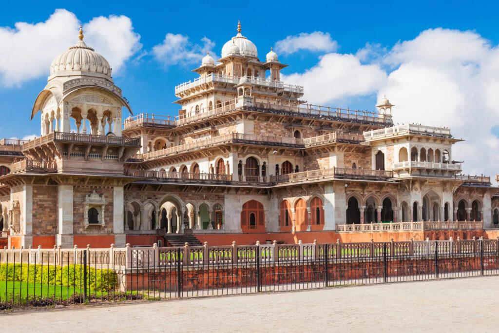 Albert Hall Museum Jaipur glowing at night, showcasing Indo-Saracenic architecture, royal artifacts, and rich heritage of the Pink City.
